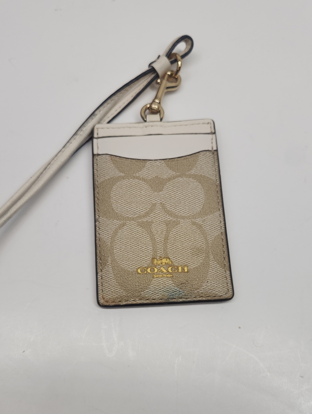 Coach Beige Signature Card Holder with White Trim and Wrist Strap